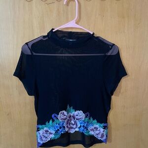 Charlotte Russe Black Mesh Floral Embroidered Top
